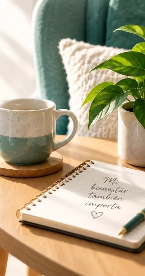 Rincón de bienestar: sillón turquesa, taza y un cuaderno que dice «Mi bienestar también importa»