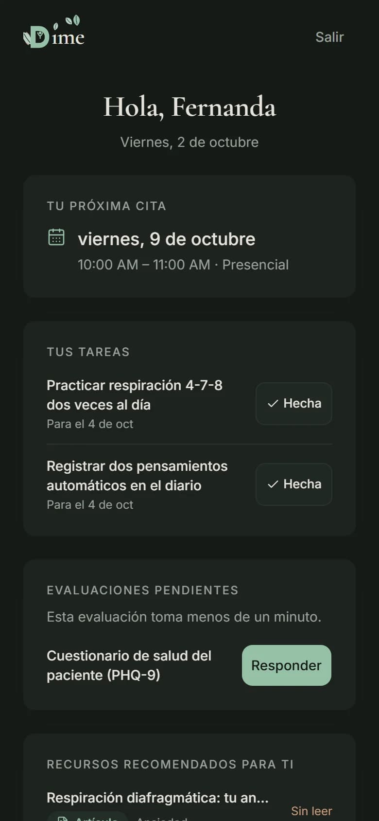 Pantalla de inicio del portal del paciente: próxima cita, tareas, evaluación pendiente y recursos recomendados